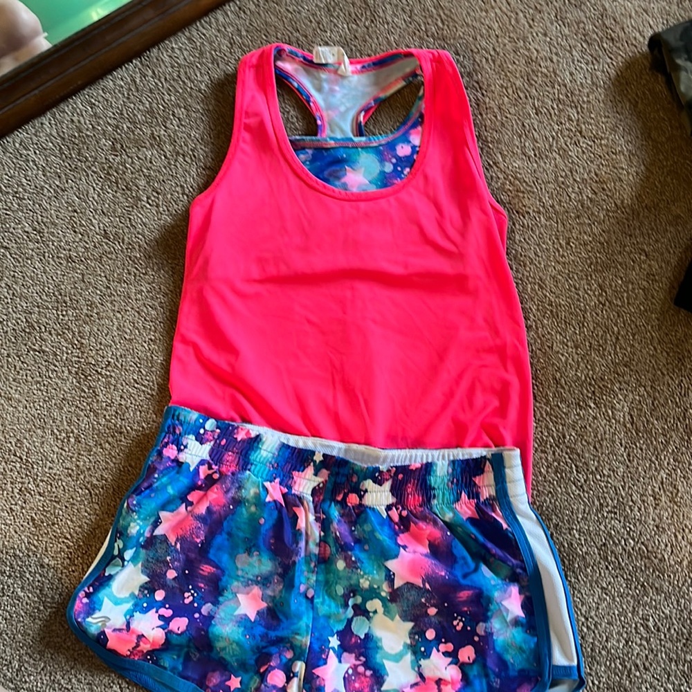 Athletic set- tank top with built in sports bra and fitness shorts